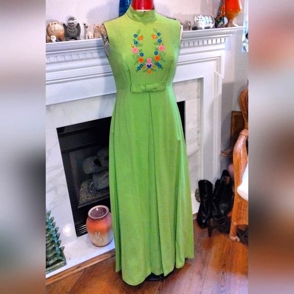 Vintage Dresses & Skirts - Vintage 1960s 1970s handmade lime green embroidered evening dress gown
